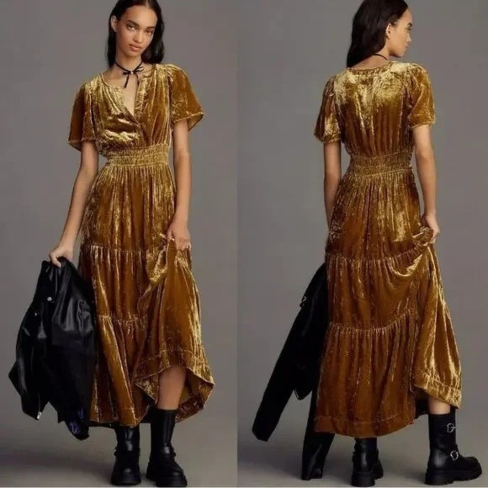 Anthropologie Dress‎ Womens Extra Small Somerset Maxi Velvet Gold Bamboo Tiered